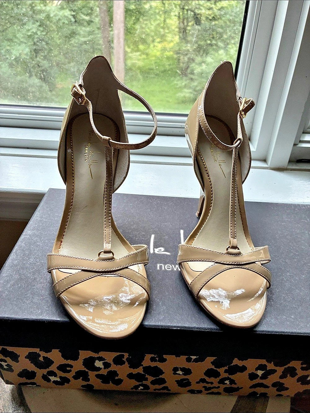 Nicole Miller Gloria Patent Ankle Strap Heels, Brown
